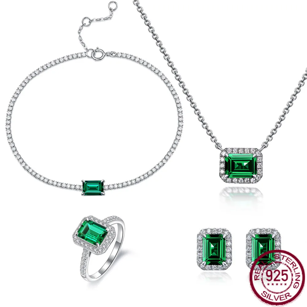 new-s925-silver-rectangular-6-8-zambia-color-emerald-necklace-light-luxury-four-piece-engagement-jewelry-set