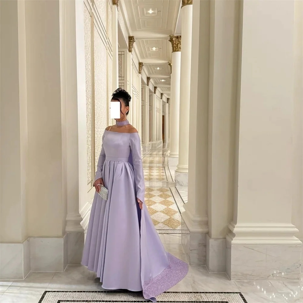 

Lilac Party Long Sleeves Bespoke Occasion Gown Evening Dresses Pastrol Unisex Jersey Retro Dubai Saudi Arabic Prom Customized