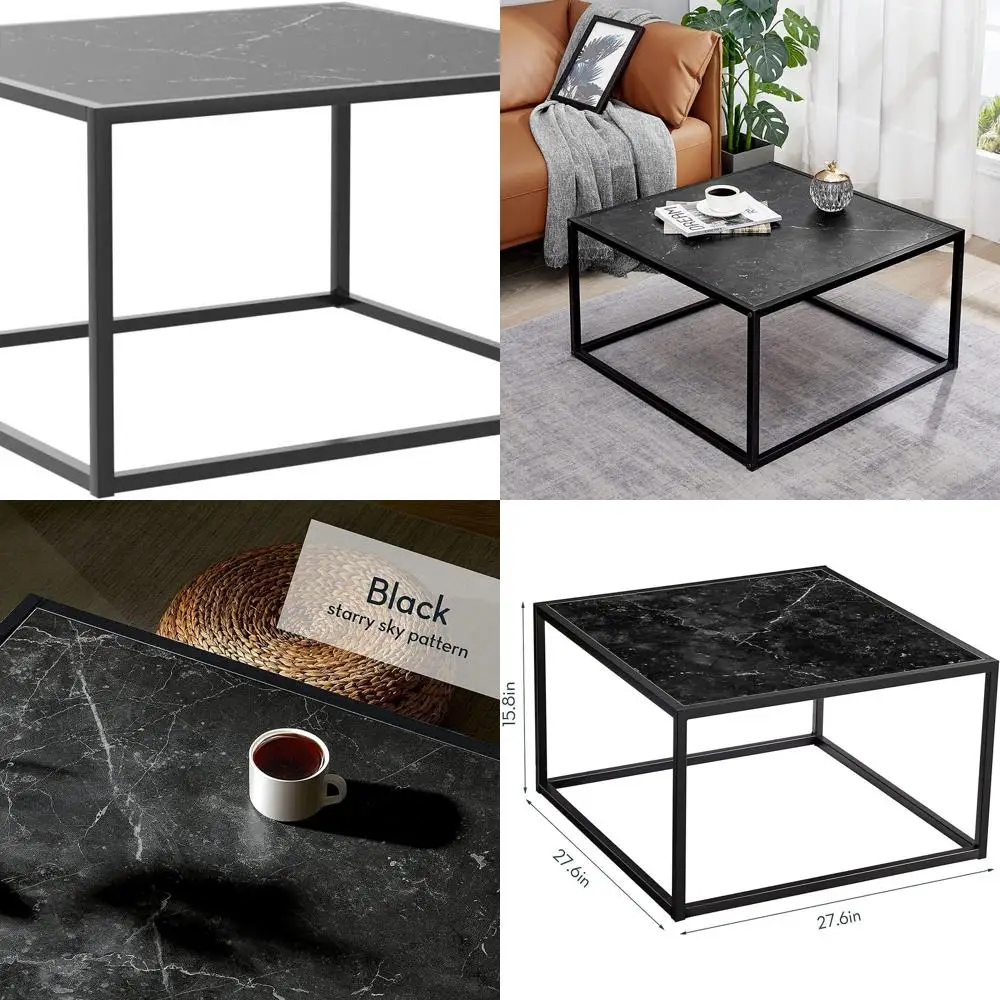 

Compact Black Marble-Look Square Coffee Table for Living Room and Office, Easy Assembly, 27.6x27.6x15.7 Inches