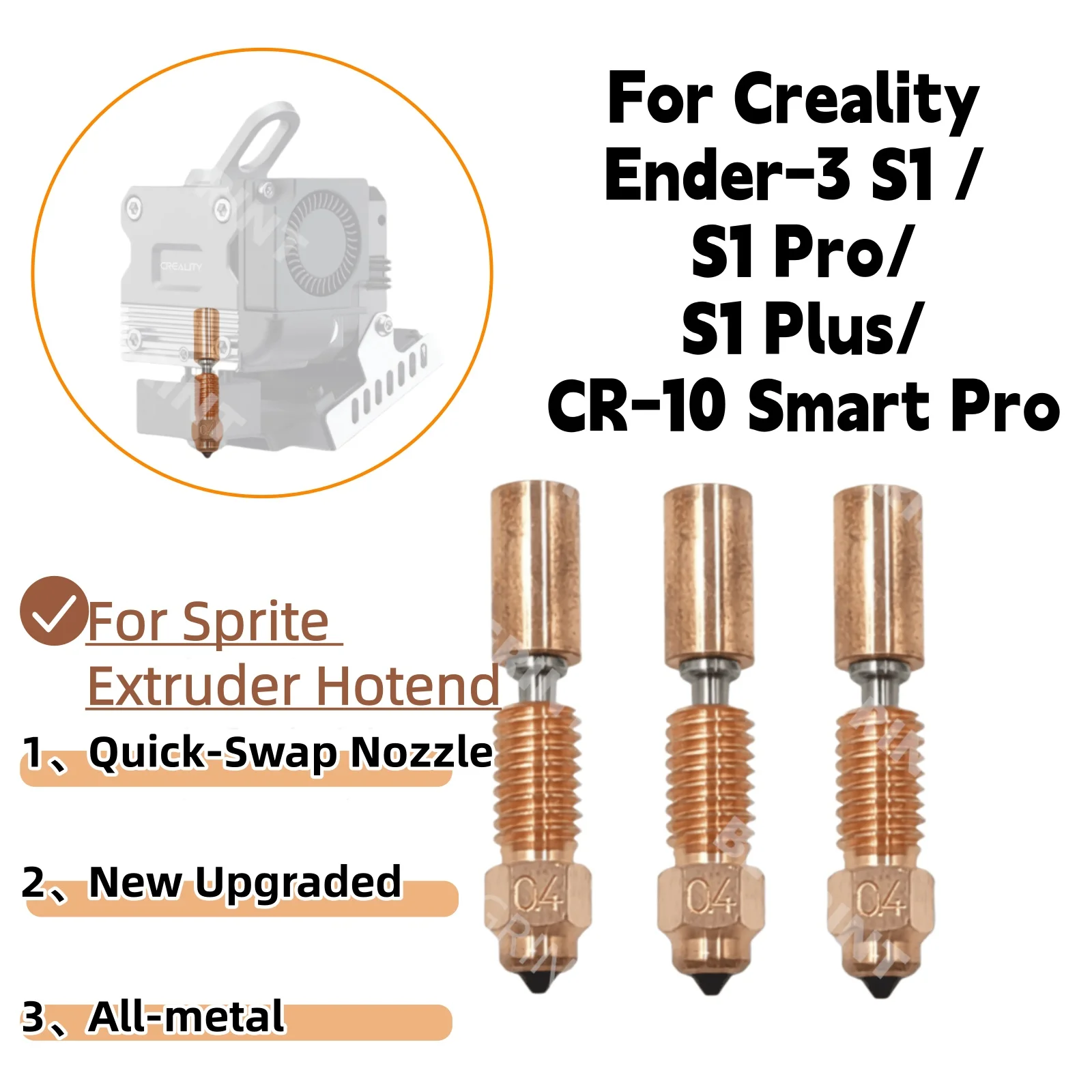 

1/2/3/4PCS 0.4mm Nozzle for Creality Ender-3 S1/CR-10 Smart Pro, Hardened Tri-metal Steel One-handed Swap and Great Durability