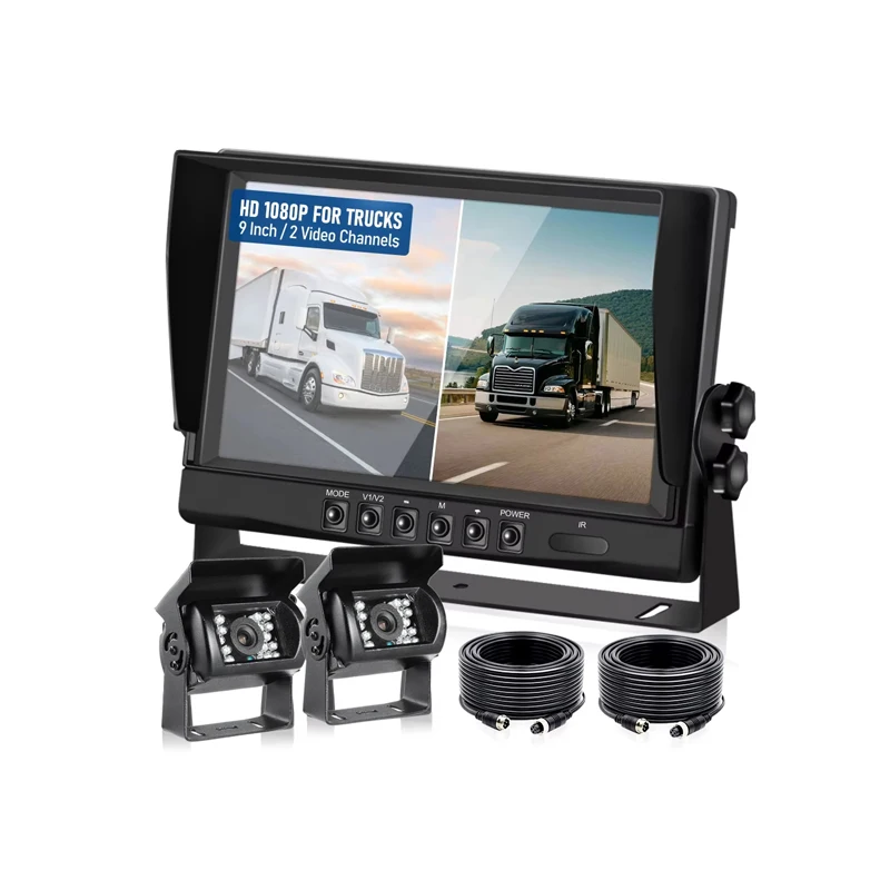 12V 24V 9 Inch IPS TFT LCD AHD 2 Channels Split Screen Monitor 2Pcs Waterproof Night Vision Reverse Camera Rear View Monitoring