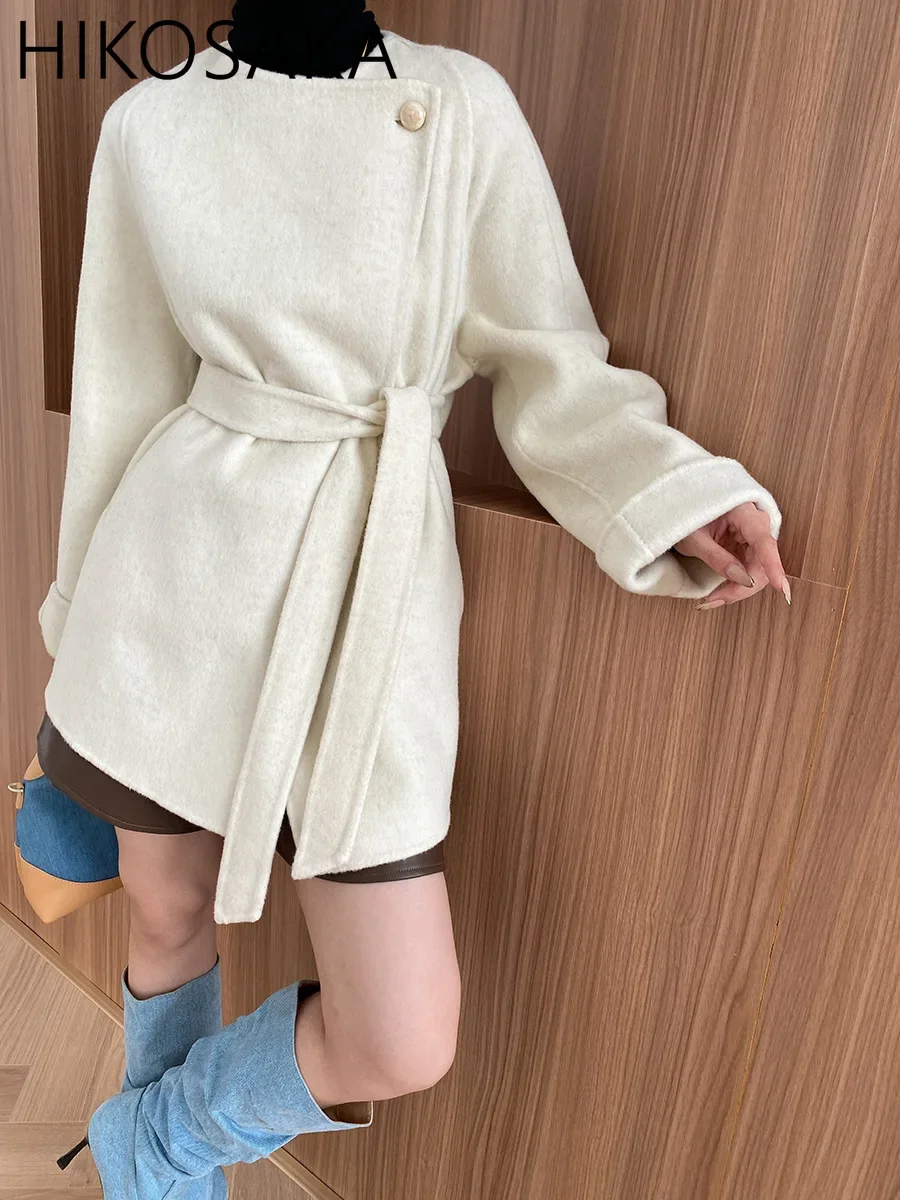 Fashion Design Single Button O-neck Lamb Wollen Coats Korean Chic Solid Elegant Long Sleeve Belt Jackets 2024 Autumn Winter Top