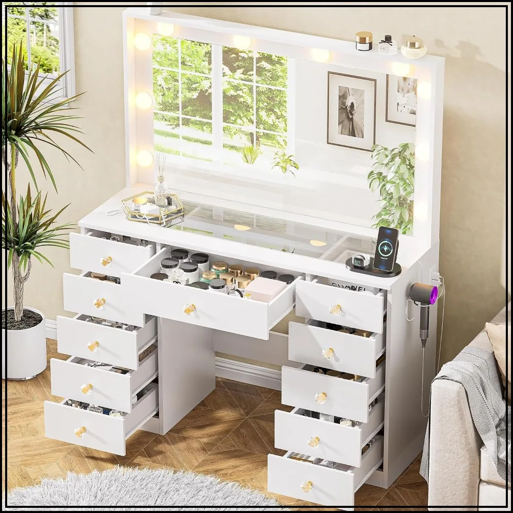 Vanity Desk with Large Mirror, 10 LED Lights, Glass Top, 11 Drawers, Crystal Handles, White