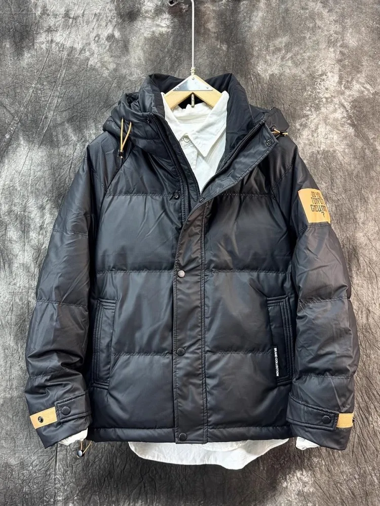 Inverno novo engrossar quente dos homens com capuz para baixo casaco com zíper manga longa gola outerwear high street casual pato branco para baixo casaco