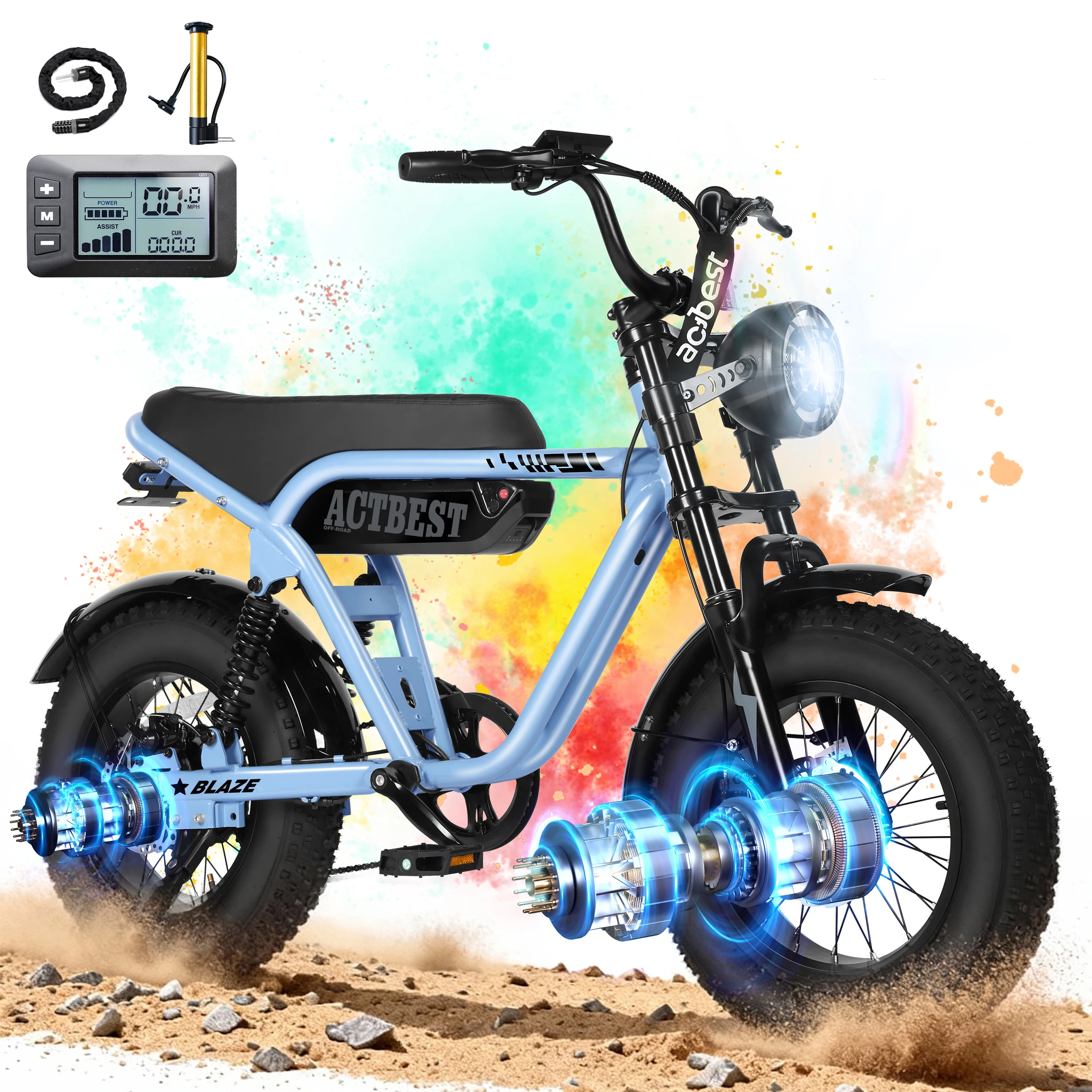ActBest Blaze Electric Bike, 16" Fat Tires Electric Mountain Bike, 1500W Peak Motor 48V 13Ah, 25 MPH 55Mi Range Off-Road Ebike with Full Suspension, with Free Bike Lock image 2