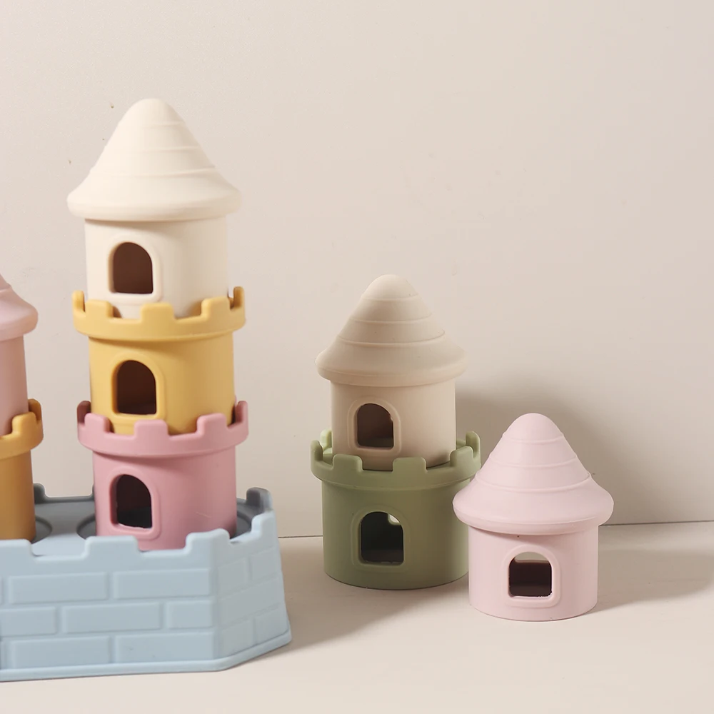 8 pçs/set brinquedos de dentição do bebê-conjunto de blocos de construção de castelo de silicone, acalmar gengivas doloridas, empilhador sensorial mastigável livre de bpa