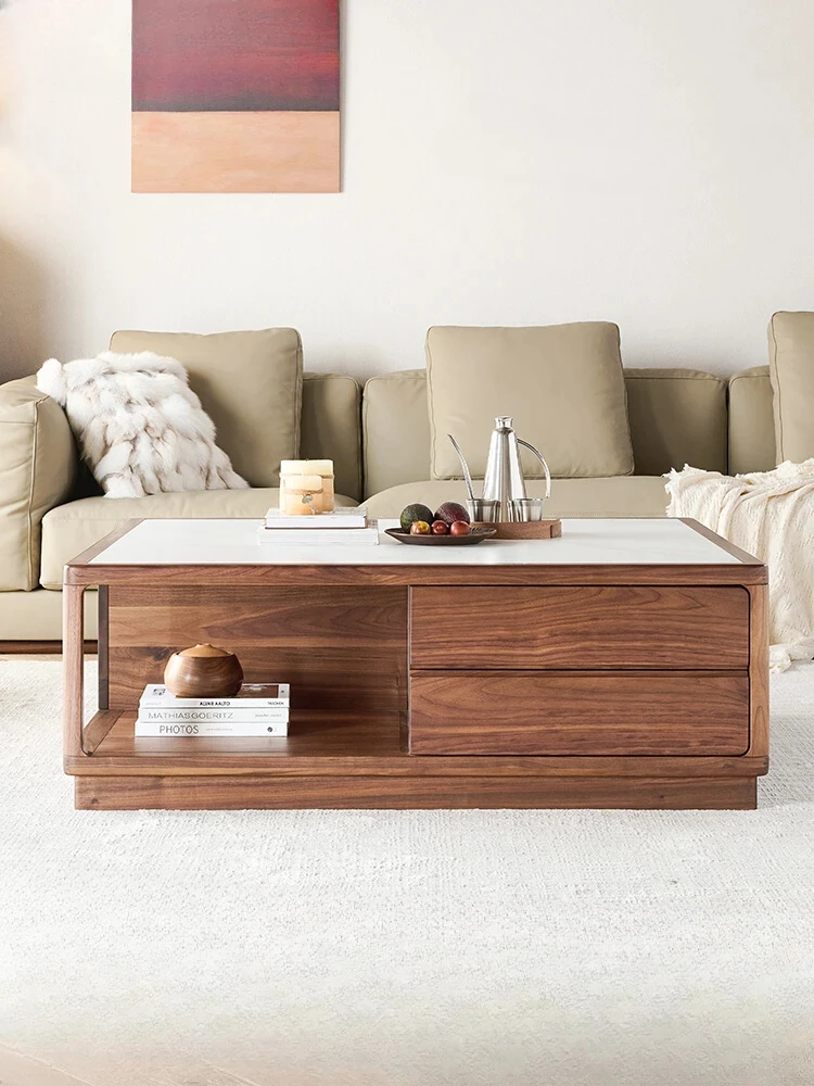 

North America Black Walnut Wooden Tea Table Square Stone Plate Tea Table Living Room Home Sofa Low Table