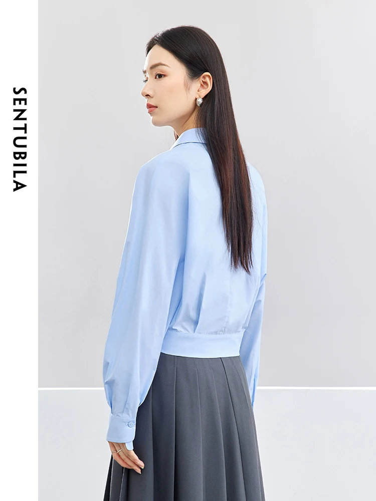 SENTUBILA V-neck Casual Short Loose Blue Shirt 2024 Batwing Sleeve Polo Collar Spring Shirts & Blouses Womens Tops 141C52887