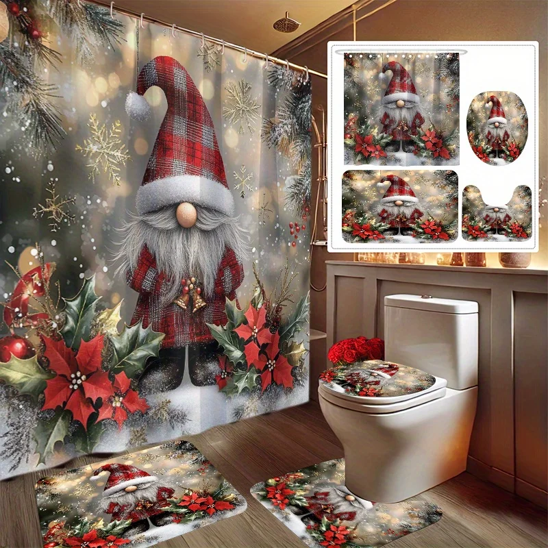 

4pcs Santa Claus Printed Shower Curtain Set, Bathroom Decor Kit Includes Shower Curtain, Non-Slip Mat, Toilet Lid Cover, and