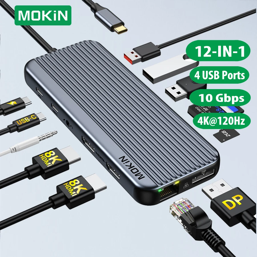 MOKiN 12 in 1 dockingstation drievoudig display voor Mac iPad USB C Hub multipoortadapter 8K HDMI, DP, USB C/A 3.1, PD 100W, RJ45, audio