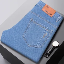 2024 New Brand Men's Fit Straight Lightweight Cotton Stretch Denim Pants Casual Male High Waist Thin Light Blue Business Jeans