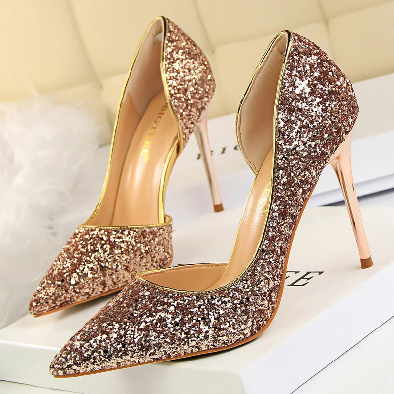 BIGTREE Shoes Champagne Women Pumps Sequin Wedding Shoes Stiletto High Heels Women Shoes Luxury Party Shoes Pumps Plus Size 43