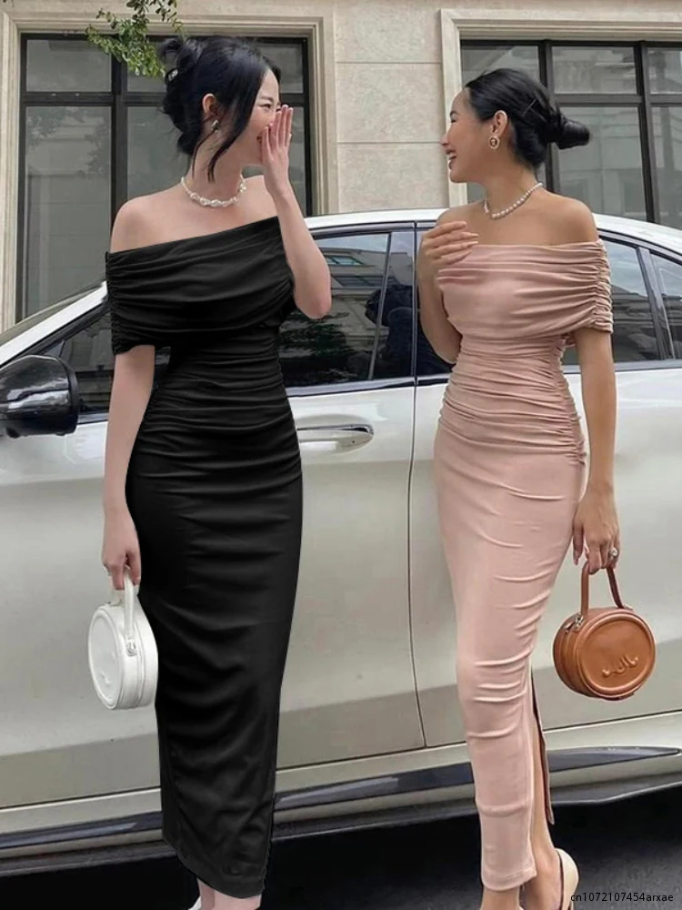 

Women Summer Solid Two Piece Set Dress Elegant Casual Fashion Streetwear Bodycon Slim Off Shoulder Maxi Long Dress