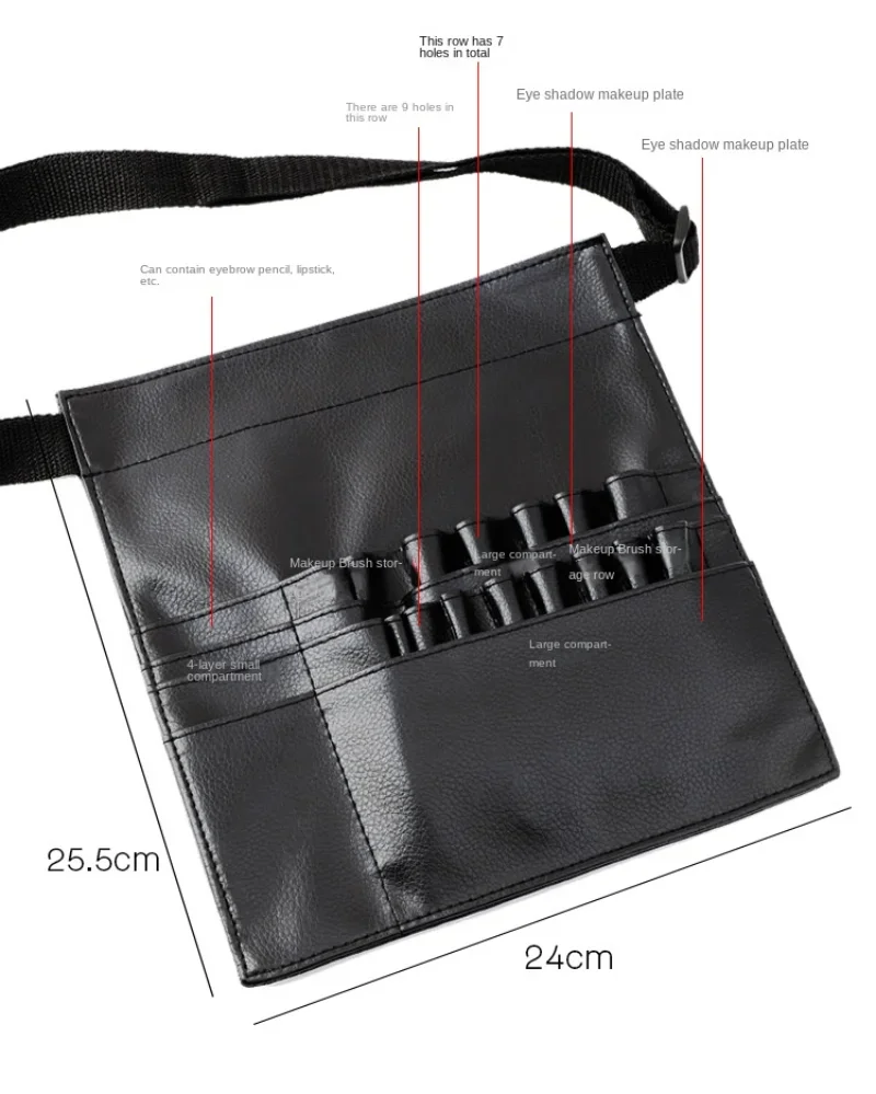 다기능 대용량 블랙 PU 화장품 가방, 전문 메이크업 아티스트용 허리 가방, 벨트 포함 메이크업 브러쉬 가방