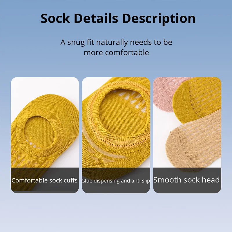 5 Pairs Summer Thin Mesh Socks Ladys Shallow Silicone Anti Slip Invisible Socks Lovely Solid Color Boat Socks