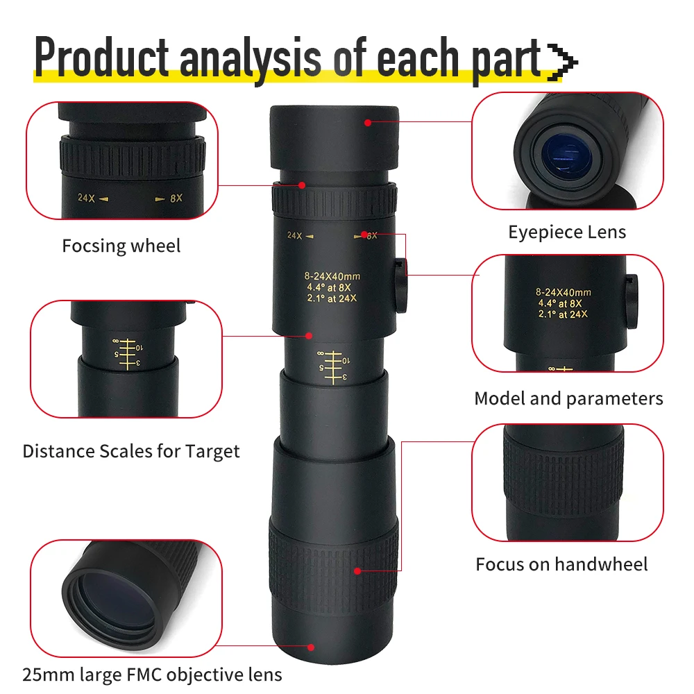 8-24x40mm Zoom Monocular Professional Bak4 Lens High Power HD Low Night Vision Telescope For Hunting Tourism Camping