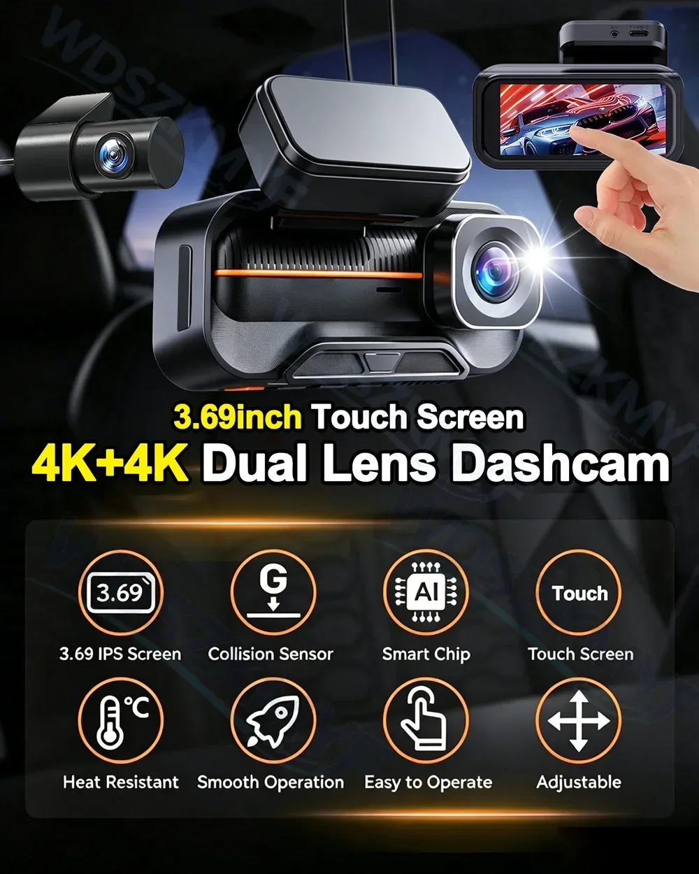 4K Single/Dual Dash Cam Front and Rear with 3.69