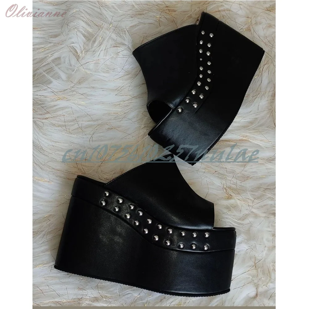 Seitlich mit Metallnieten verzierte, dicksohlige Pantoffeln, schwarze Plateau-Schuhe im lässigen Stil, modische Damenschuhe 2026 Neu, Zapatos Para Mujere