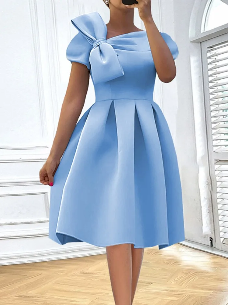 Sky Blue Prom Dress Women Big Size Diagonal Neck Bow Short Sleeve Loose A-line Party Dress High Waist Elegant Robe Vestidos