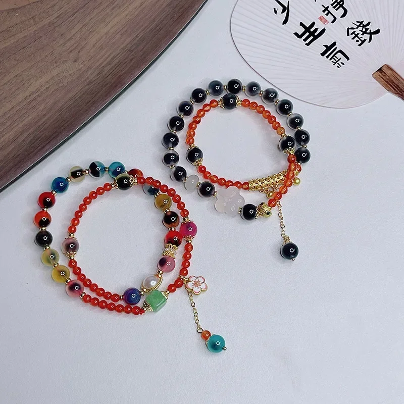 

New Chinese Style Double Circle Sugar Heart Agate Bracelet Female Chalcedony Flower Design Ancient Style Super Fairy Horse-Face