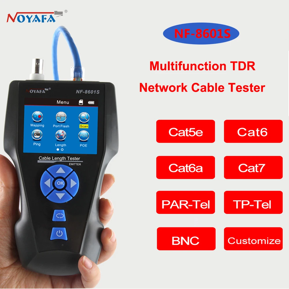 NOYAFA เครื่องทดสอบสายเคเบิลอเนกประสงค์ TDR entethernet แบบ NF-8601S Rj11 Rj45 Cat6 Cat5 BNC 6E Cat7 POE Lan ทดสอบการเครื่องทดสอบสายสัญญาณเครือข่าย Ping