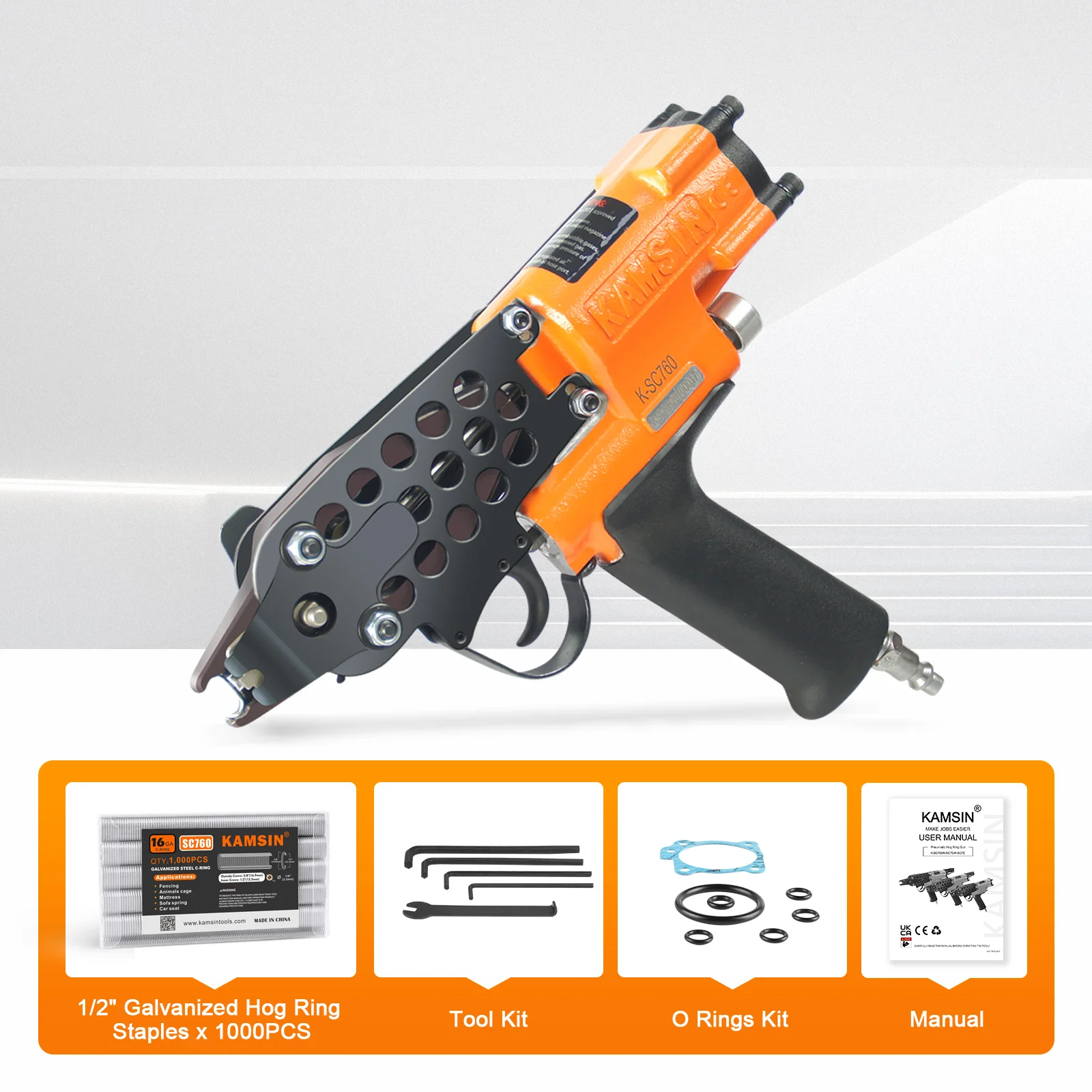 KAMSIN K-SC760 16 Gauge Pneumatic C-Ring Gun, 3.0-4.8mm Dia., 1/2 Crown Staples, Air Hog Ring Gun Hog Ring Plier for Bird Cages