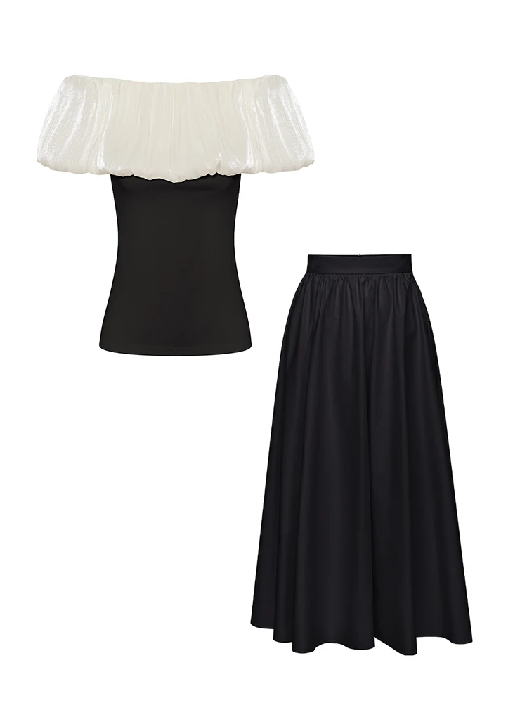 Elegant Black One-Shoulder Waist-Cinching Women's Summer Fashion Set with Long A-Line Skirt Short Sleeve T-Shirt French Style