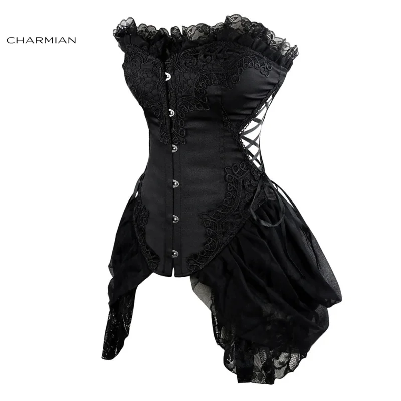 Charmian Lace Bustier Corset Top Women's Sexy Plus Size Floral Embroidery Strapless Burlesque Corset With Skirt Gothic Clothes