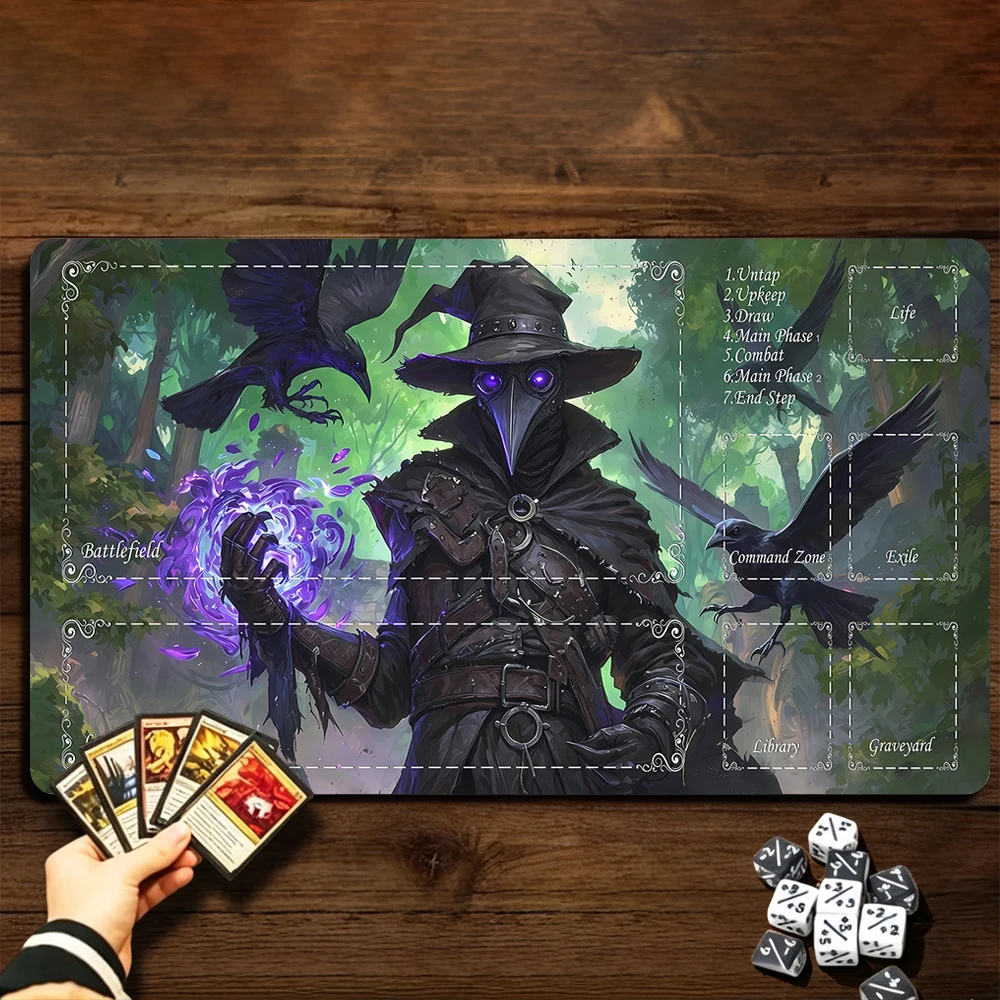 Eerie Crow Warlock TCG Playmat Magic Playmat Gathering Gaming Mat with Stitched Edge Anti-slip base 60X35cm Trading Card Game