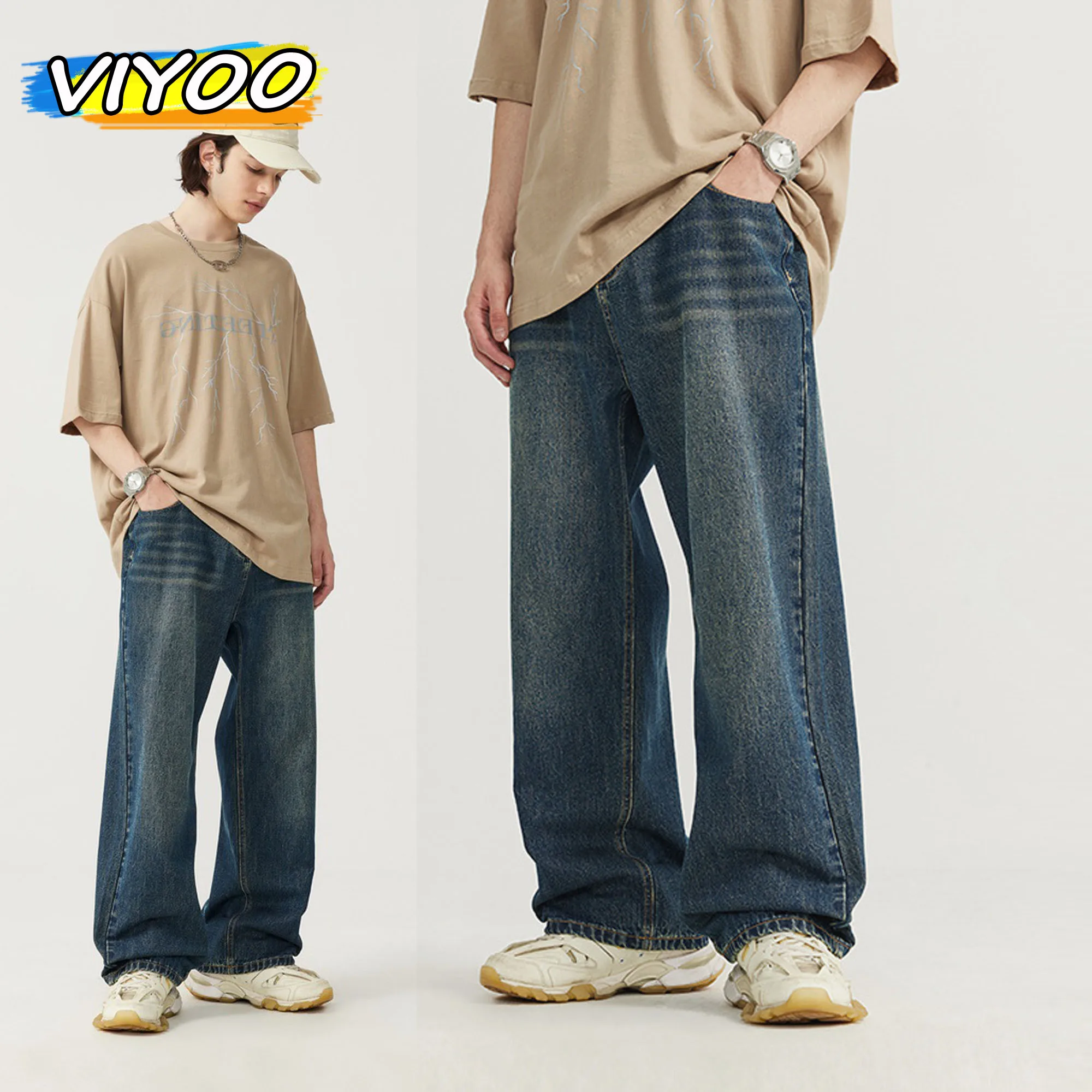 Men's flash Y2K Vintage Wide Leg Baggy Jeans Pants Men DarkBlue Trousers Classic Hip Hop Korean Clothes 2024 Streetwear