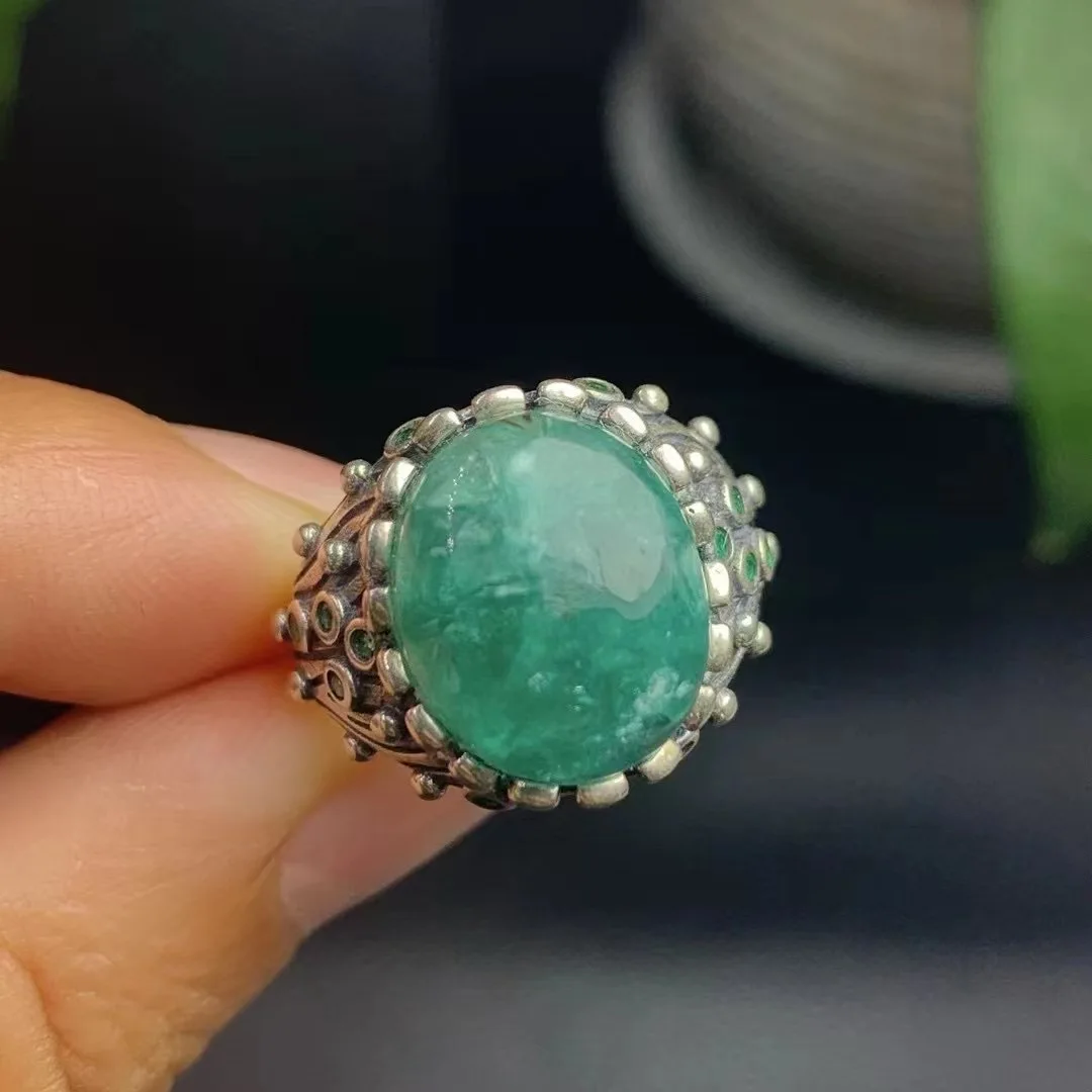 1 Pc Fengbaowu Natural Stone Green Emerald Lepidolite Oval Cabochon Ring 925 Sterling Silver Fashion Jewelry Gift For Women Men