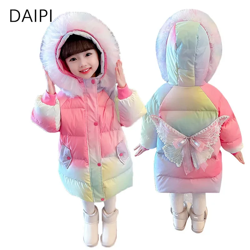 2023 Princess Child Girl Coat Rainbow Hooded Stretching Buttons Pocket Bow Jackets for Girls New Korean Winter Clothes