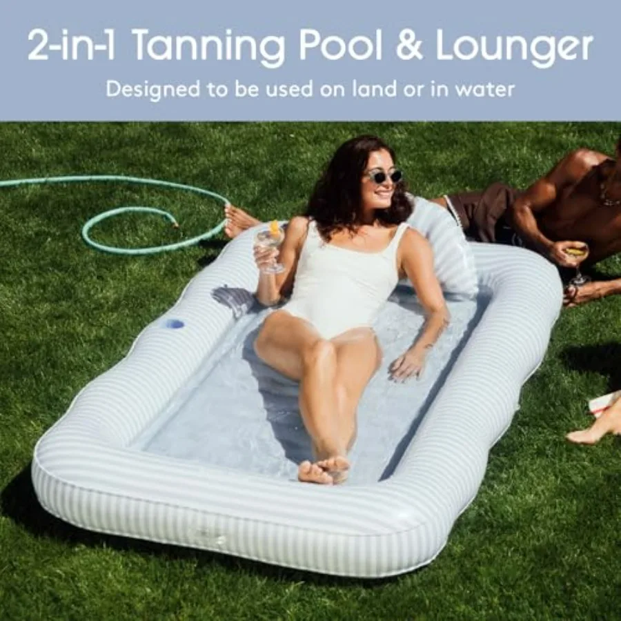 Tanning Pool Lounger Float for pool or backyard use, XL 72'' x 48'', durable PVC material, navy blue, includes custom pillow an