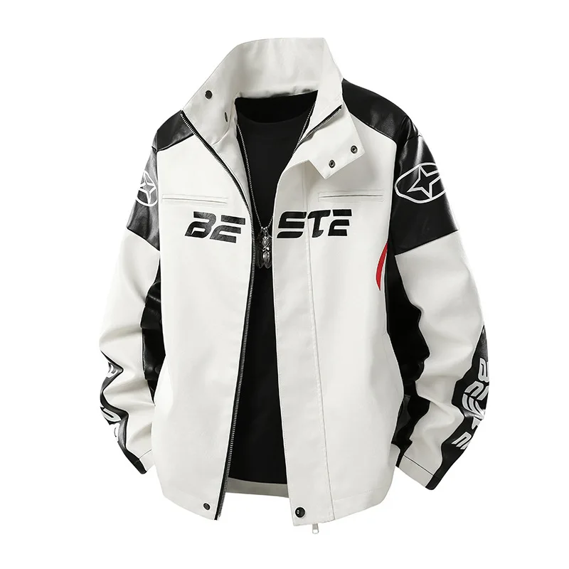 

Autumn Man Jacket Fashion Punk Letter Printed Contrat Color Zipper Male Outerwear Stand Collar Long Sleeve Men Leather Coat