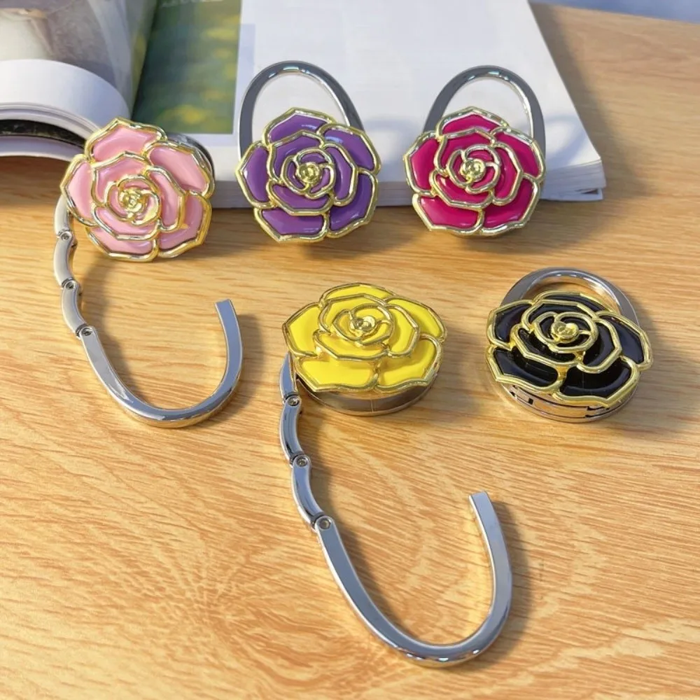 Fashion Foldable Rose Handbag Hook Golden-edged Portable Purse Hook for Women Creative Durable Table Hanger for Table