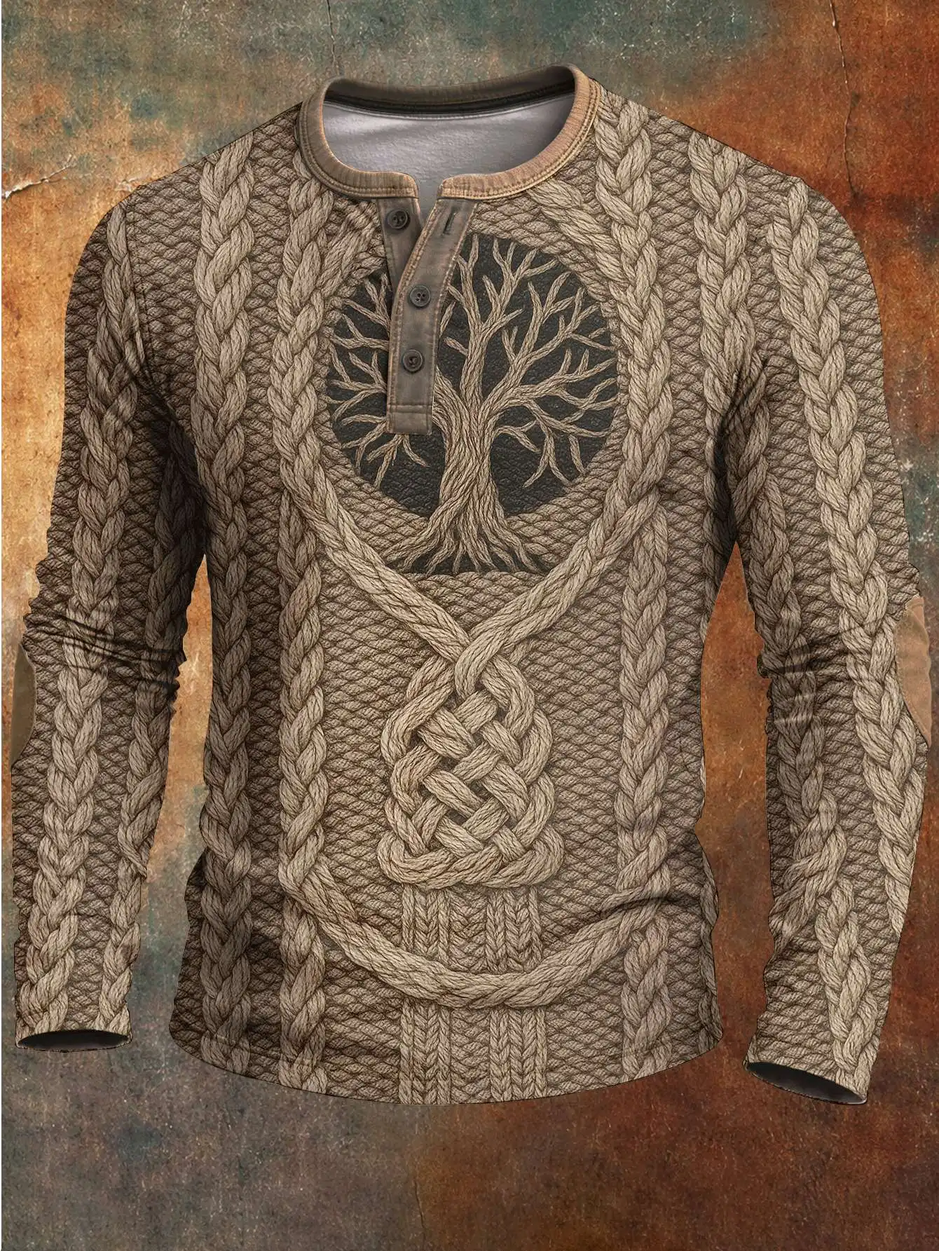 Men's Long Sleeve Henley Shirt Featuring a Tree of Life Design, an Essential Top for Young Men Casual Long Sleeve Button