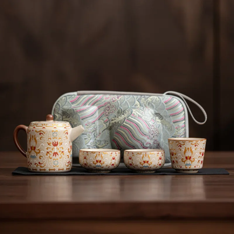 Ru Kiln Dunhuang One Pot Three Cup Travel Tea Set Ceramic Teapot Tea Cup Convenient Outdoor Tea Maker Unique Luxury Equipment