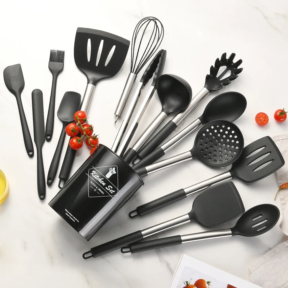 15Pcs Silicone Kitchen Utensils Non-Stick Spatula Shovel Cooking Tool Stainless Sttel Handle Kitchenware Set with Storage Bucket