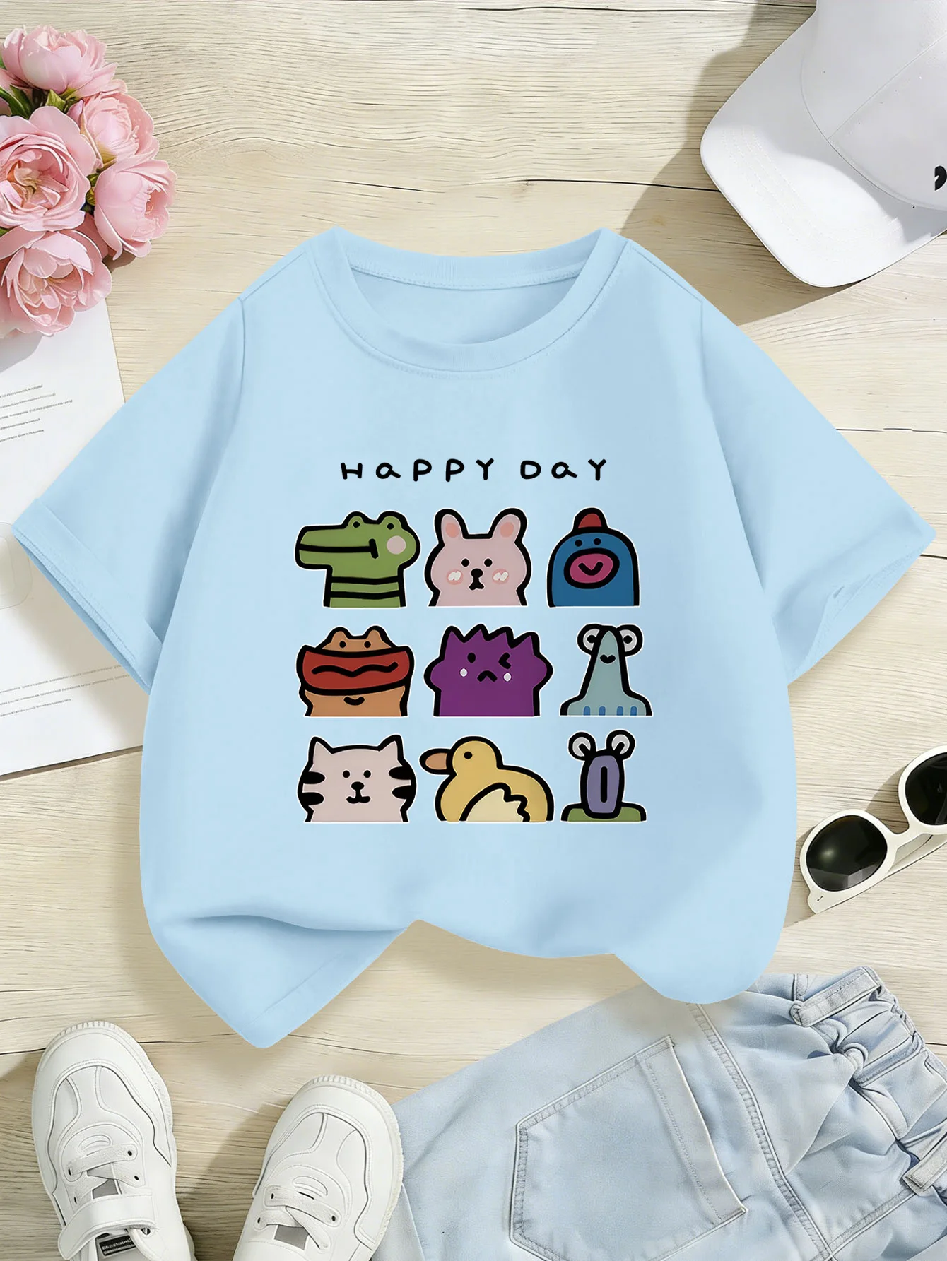 Happy Day Doodle Grid Print Boys Girls Short Sleeve Tee Parent Match Soft Cotton Kids Fresh Lovely Daily Casual Fashion T Shirts