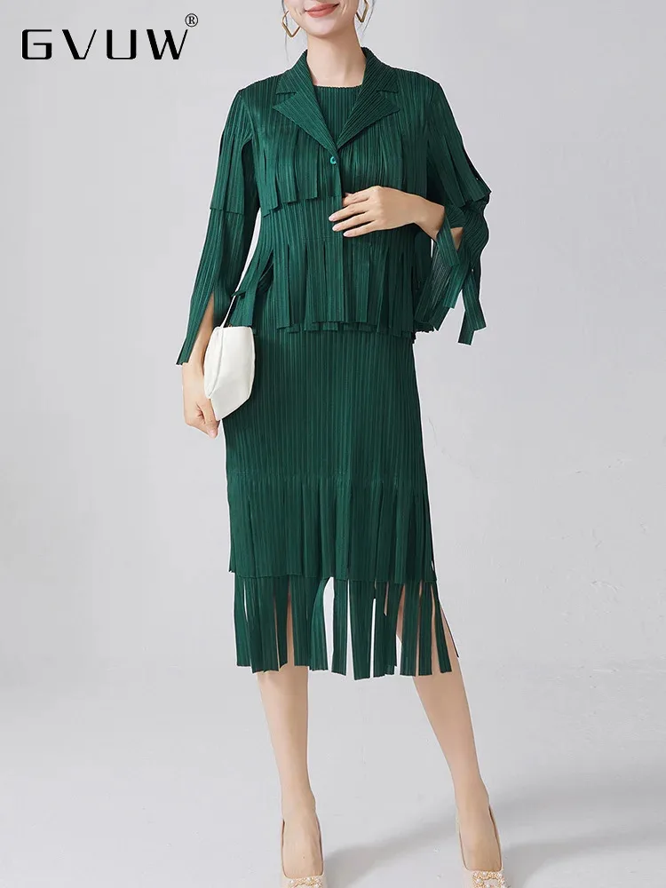 

GVUW Pleated Two Piece Sets Women Tassel Full Sleeve Single Breasted Jackets + Dress Elegant Lady Festival Clothing 17G8778