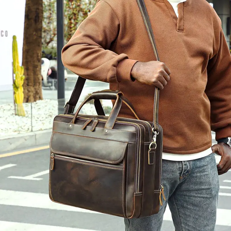 Wild Horse Leather Men's Briefcase High-End Top-grain Cowhide Handbag Men's Wild Horse Leather Briefcase Collection