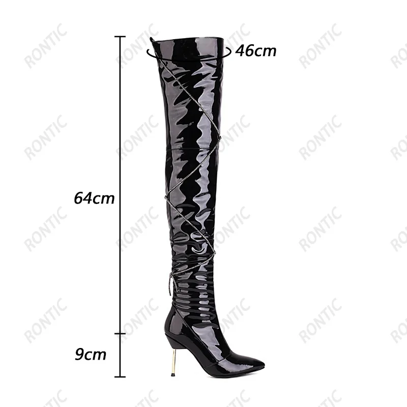 Rontic Women Winter Thigh Boots Patent Side Zipper Metal Heels Pointed Toe Gorgeous Silver Black Beige Party Shoes Size 5-15