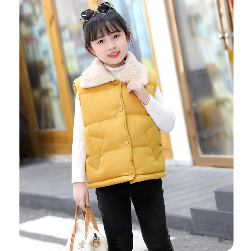 Autumn Winter Girls Boys Vest Solid Color Lining Plush Thick Keep Warm Lapel Waistcoat For 2-10Y Teen Kids Cotton Outerwear