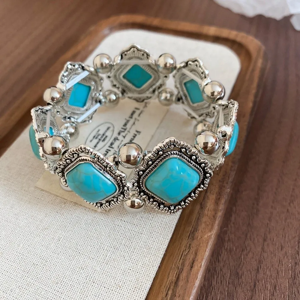 Vintage Bohemian Ethnic Acrylic Bangle Elastic Acrylic Irregular Wide Bracelet Rhombic Patchwork Round Exaggerated