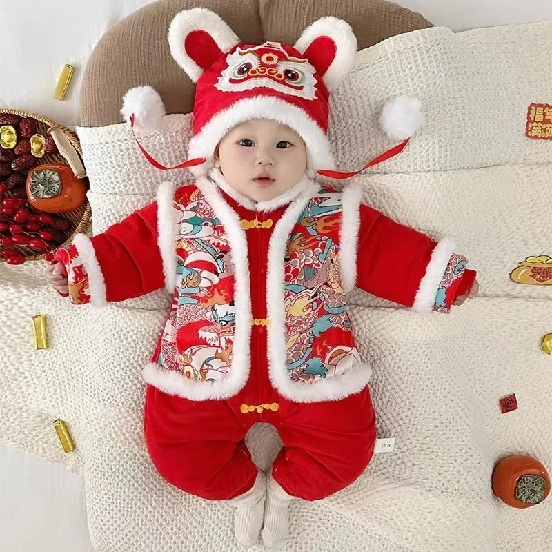 2025 Baby New Year Dress Festive Cute Onesie Baby Winter Full Moon 100 Days Old Dress Newborn Fun New Year Outside