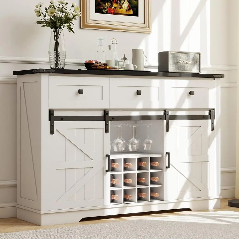 

54 Rustic White Wine Cabinet with Sliding Barn Door, Storage, and Glass Rack for Dining Room