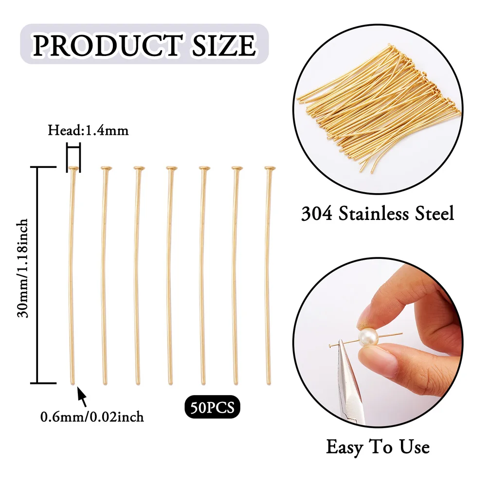 50pcs 304 Stainless Steel Flat Head Pins Gold Plated Headpin 15mm 20mm 30mm 35mm For DIY Jewelry Making Findings