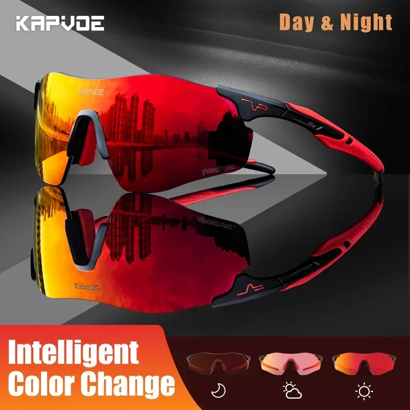 Kapvoe New Men\'s MTB Red Photochromic Cycling Glasses UV400 Sports Sunglasses Bike Bicycle Glasses Blue Road Running Goggles