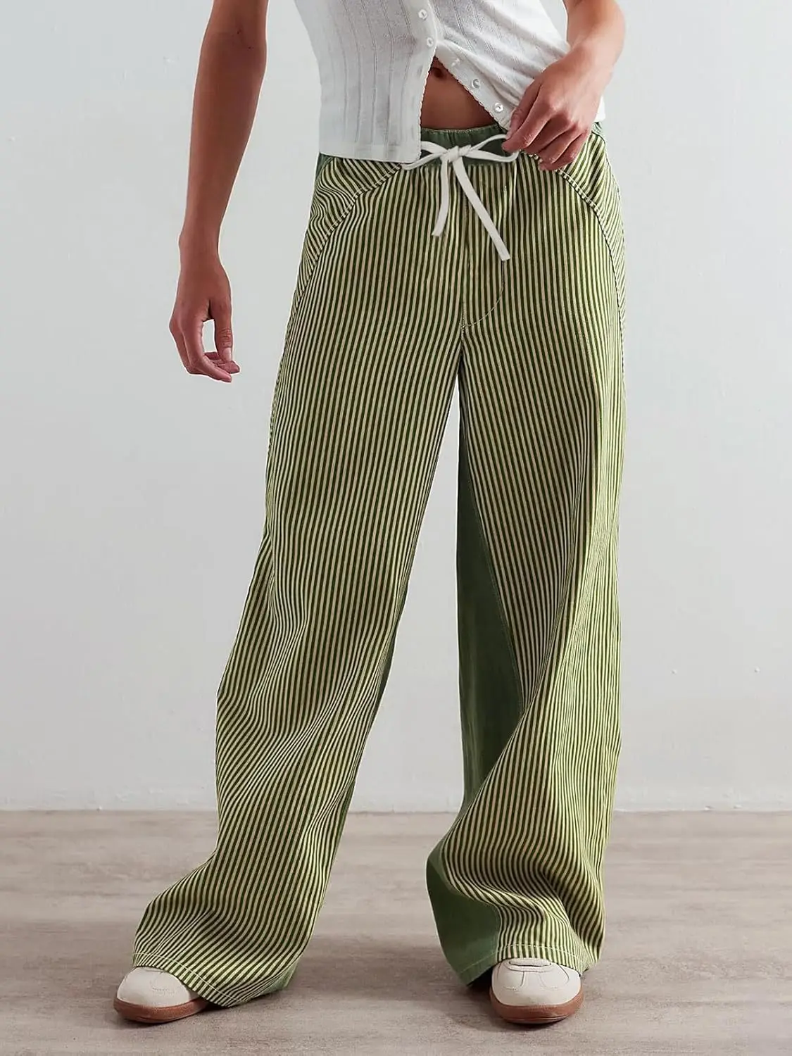 

Women's Striped Wide Leg Jeans Color Block Denim Pants Elastic Drawstring Waist Flowy Straight Leg Ankle Length Trousers