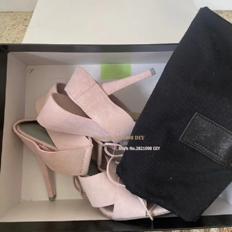 

Lace Up High Heeled Sandals Pink Suede Women Cut Out Open Toe Hollow Concise Summer Dress Shoes Plus Size 46